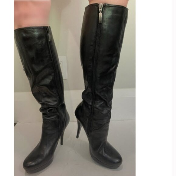 Guess Hearne Black Leather Knee-High Stiletto Boots Size 7.5 calf panel - Picture 2 of 16